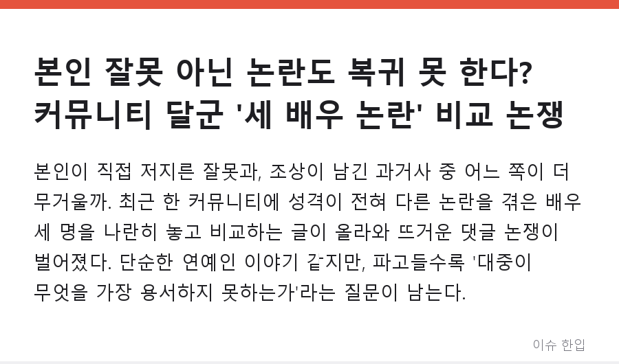 본인 잘못 아닌 논란도 복귀 못 한다? 커뮤니티 달군 '세 배우 논란' 비교 논쟁 - 1/8