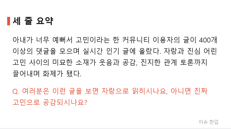 "아내가 너무 예뻐서 고민"이라는 남편의 글, 왜 댓글 400개가 넘게 달렸을까 - 7/7