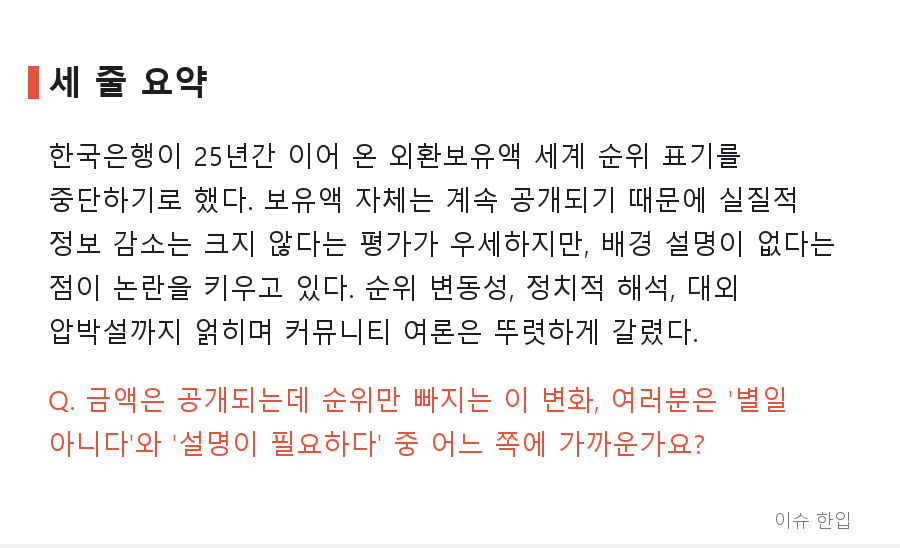 외환보유액은 계속 공개, 순위만 사라진다… 25년 만의 변화에 커뮤니티가 갈린 이유 - 8/8