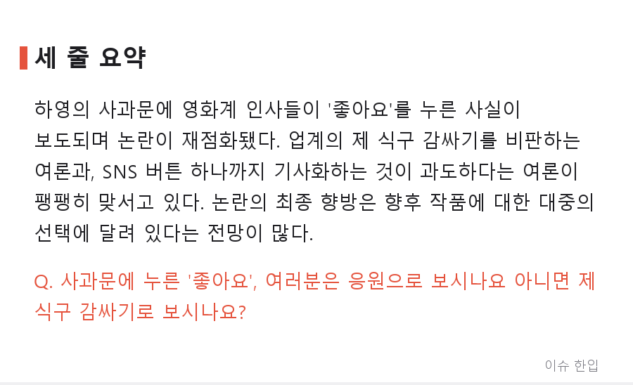 '좋아요' 하나가 기사가 됐다… 하영 사과문에 감독들 반응, 왜 논란이 됐나 - 7/7