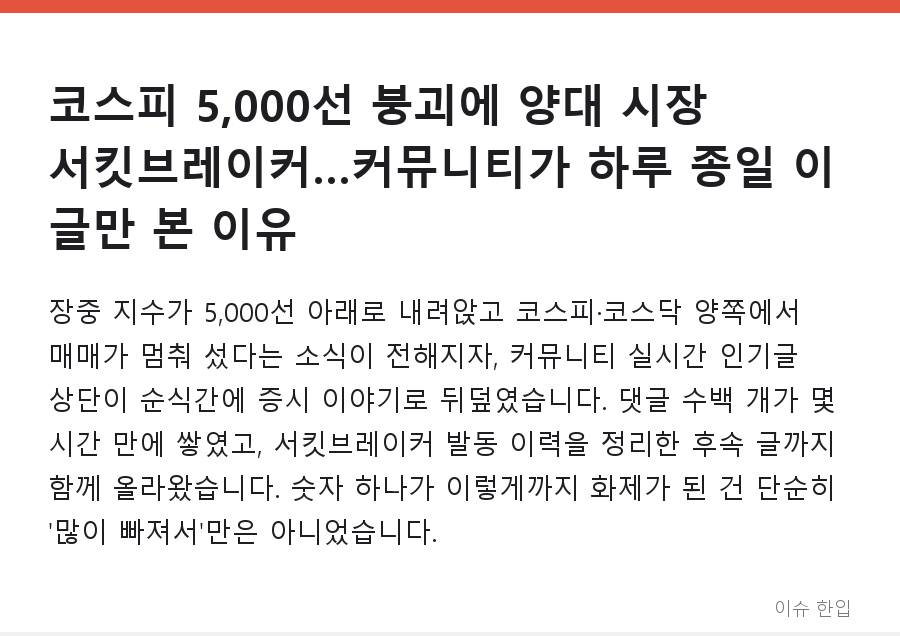 코스피 5,000선 붕괴에 양대 시장 서킷브레이커…커뮤니티가 하루 종일 이 글만 본 이유 - 1/8