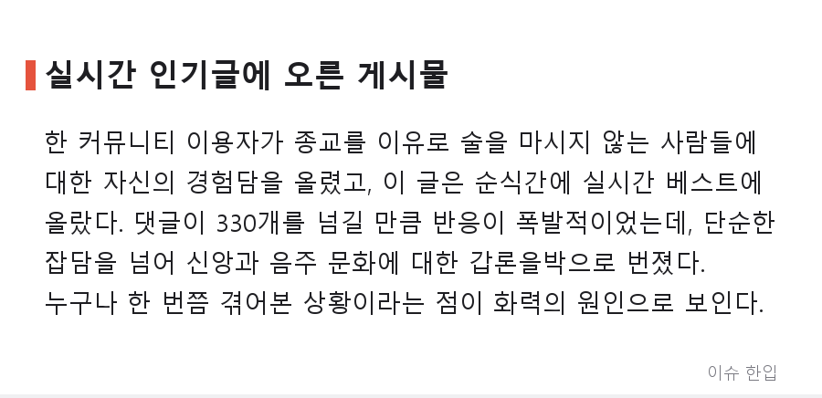 '크리스천이라 술 안 마셔요' 한마디에 댓글 330개…커뮤니티 달군 신앙과 술자리 논쟁 - 2/7