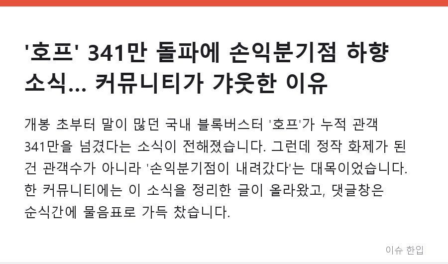 '호프' 341만 돌파에 손익분기점 하향 소식… 커뮤니티가 갸웃한 이유 - 1/8