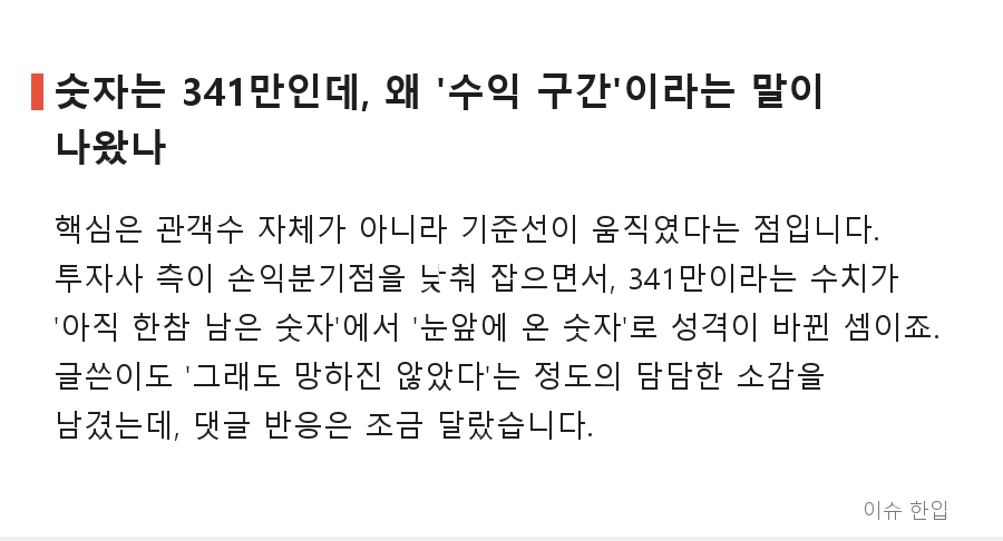 '호프' 341만 돌파에 손익분기점 하향 소식… 커뮤니티가 갸웃한 이유 - 2/8