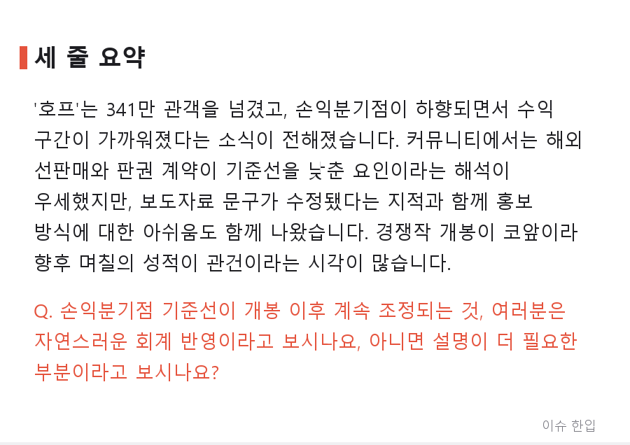 '호프' 341만 돌파에 손익분기점 하향 소식… 커뮤니티가 갸웃한 이유 - 8/8